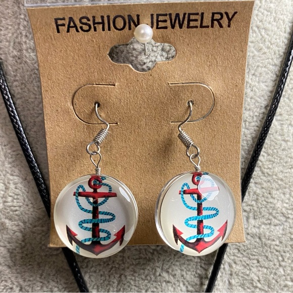 Anchor Nautical Beach Glass Dome Necklace & Earrings Set - Picture 4 of 6